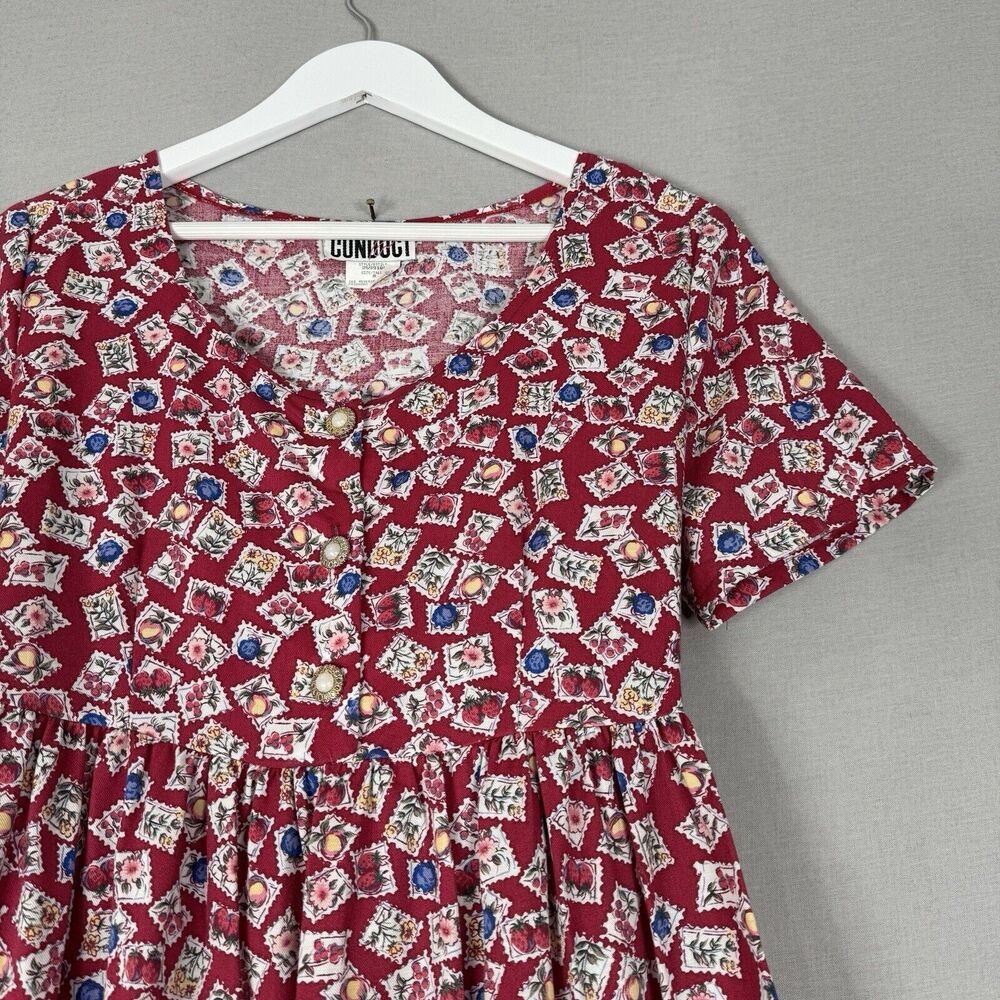 Vintage Fruit Stamp Print Midi Dress Womens M Red Cottagecore Country Prairie